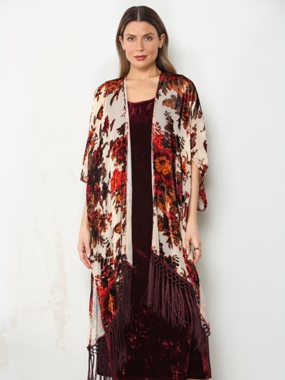 Burnout Velvet Kimono Fringe Kimono , PAPARAZZI by BIZ, NWT, 1SZ